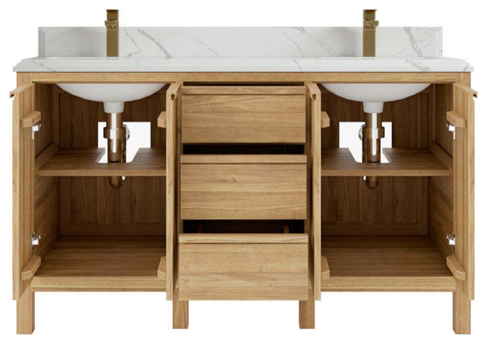 Elizabeth 60 Double Bathroom Vanity in Light Natural Teak 1.5" Calacatta Laza
