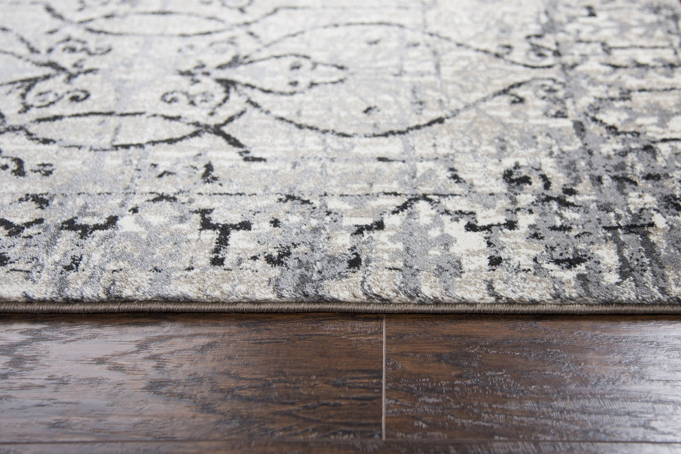 Panache PN6982 Taupe Scroll Work Distress Area Rug, Rectangular 6'7"x9'6"