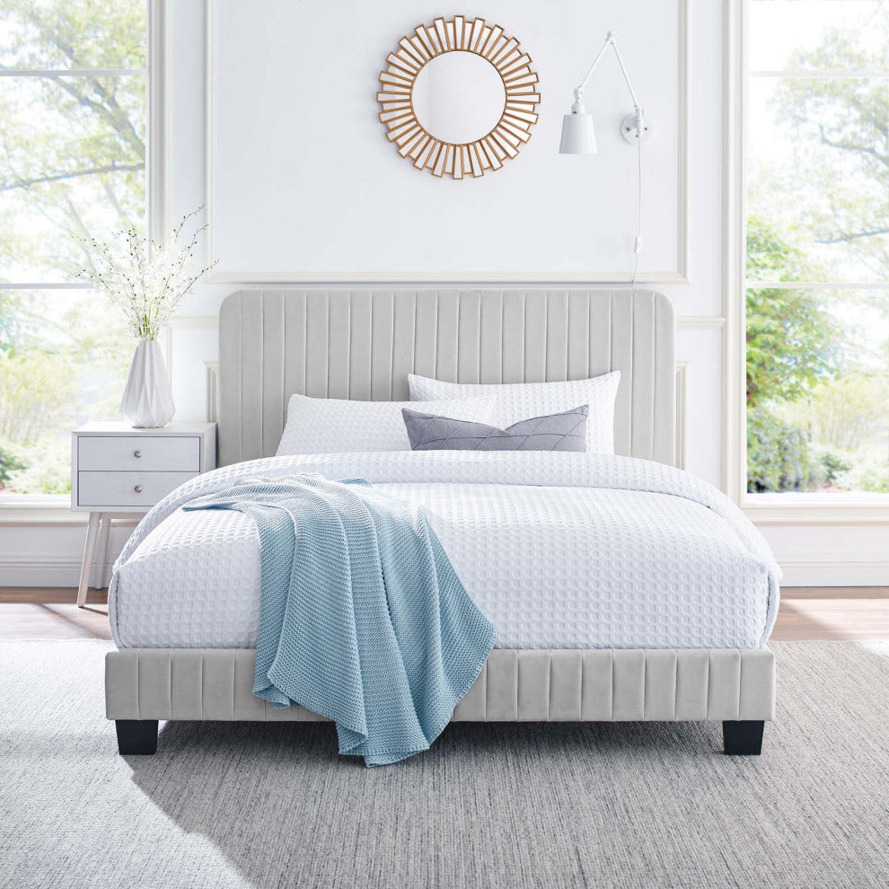 Tufted Platform Bed Frame, Twin Size, Velvet, Grey Gray, Modern Contemporary