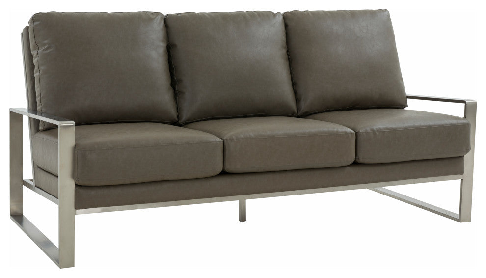 LeisureMod Jefferson Modern Faux Leather Sofa With Silver Frame, Gray