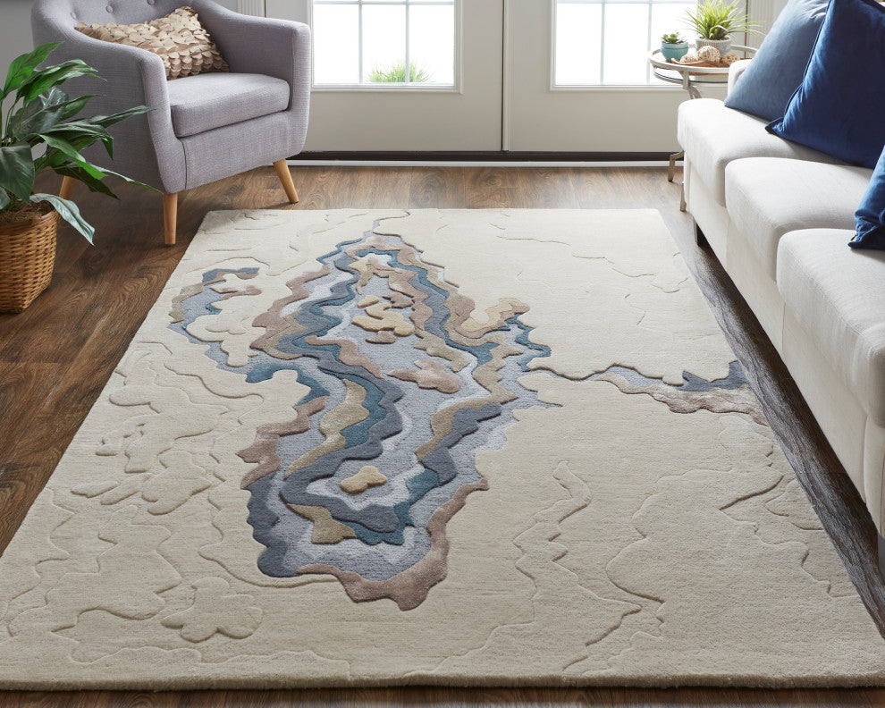 Weave & Wander Arwyn Modern Wool Rug, Blue/Beige, 8'x10'