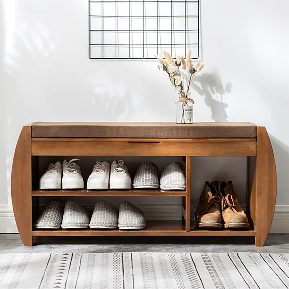 40.2" Rustic Bamboo Upholstered Entryway Flip Top Storage 3-Tier Shoe Bench Rack
