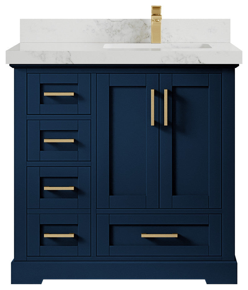 Boston 36 Right Offset Bath Vanity in Navy Blue 2" Calacatta Nuvo