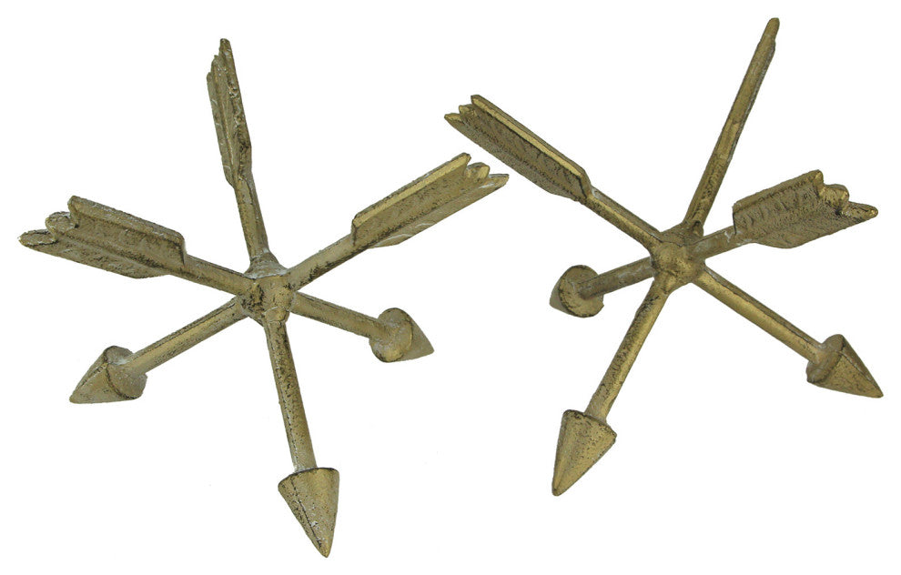 Vintage Gold Cast Iron Crossed Arrows Table Sculptures or Bookends Set of 2