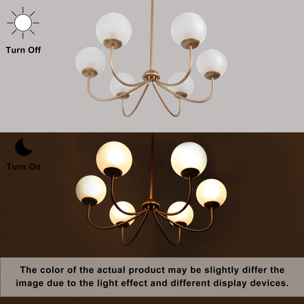 LALUZ 6-Light 27" Gold and Frosted Glass Mid Century Globe Chandelier