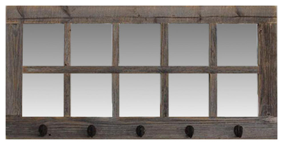 Windowpane Mirror With Coat Hangers, 10 Pane, Barnwood