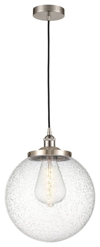 Beacon 1 Light Mini Pendant, Brushed Satin Nickel, Seedy Glass