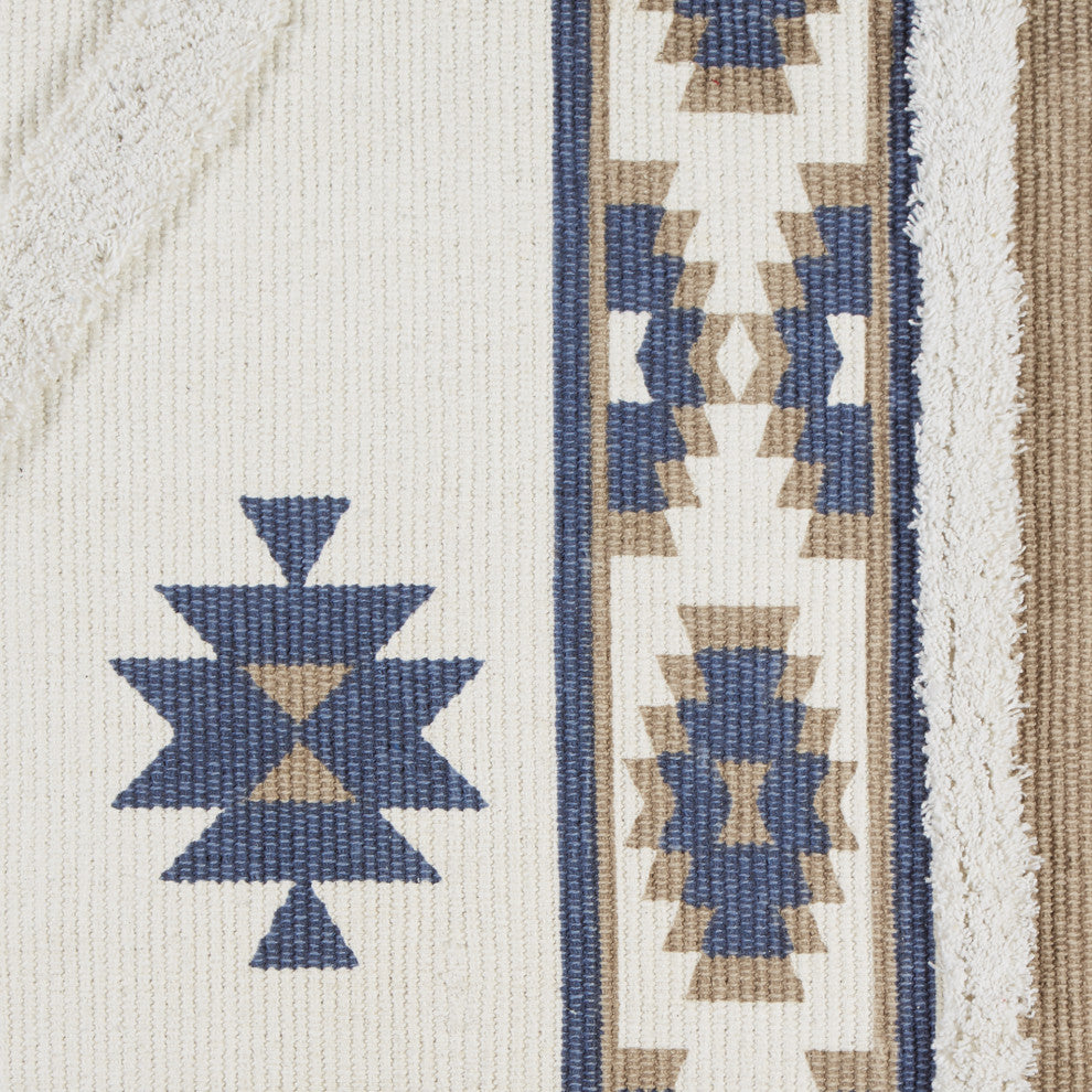 Stone And Blue Printed Off-White Hand-Loomed Shag Rug 4x6 ft.