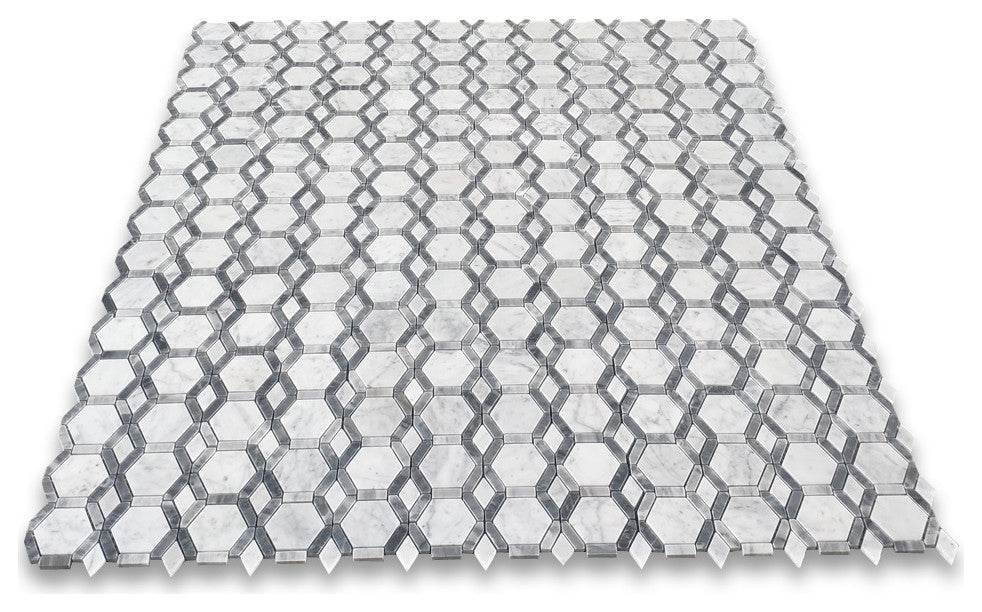 Carrara White Bardiglio Gray Marble Hollywood Hexagon Mosaic Tile, 1 sheet