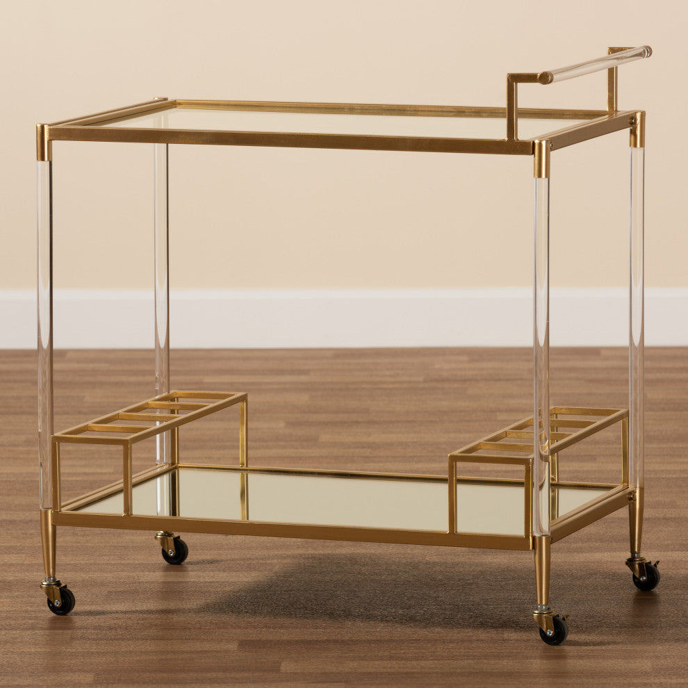 Rosalina Contemporary Glam and Luxe Gold Metal and Mirrored Glass Wine Cart