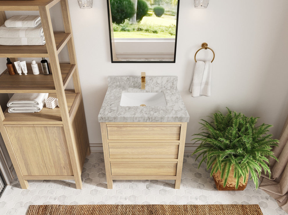 Elizabeth Oak 30" Single Sink Vanity, White 2" Carrara Marble