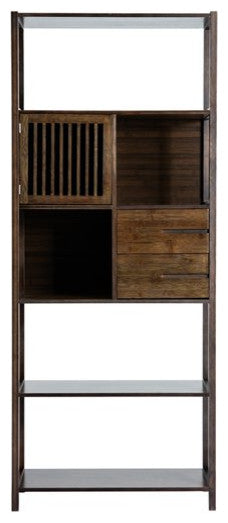 Rustic Bookcase, Wooden Construction With Open Cubbies & Drawers, Dark Brown
