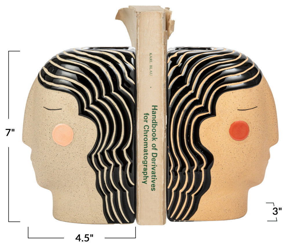 Painted Stoneware Head Vase Bookends, Multicolor, Set of 2