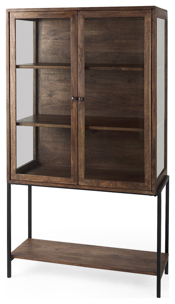 Arelius Medium Brown Solid Wood w/Black Metal Base Display Cabinet