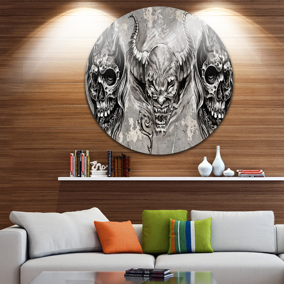 3 Demons Tattoo Sketch, Portrait Digital Art Round Wall Art, 11"