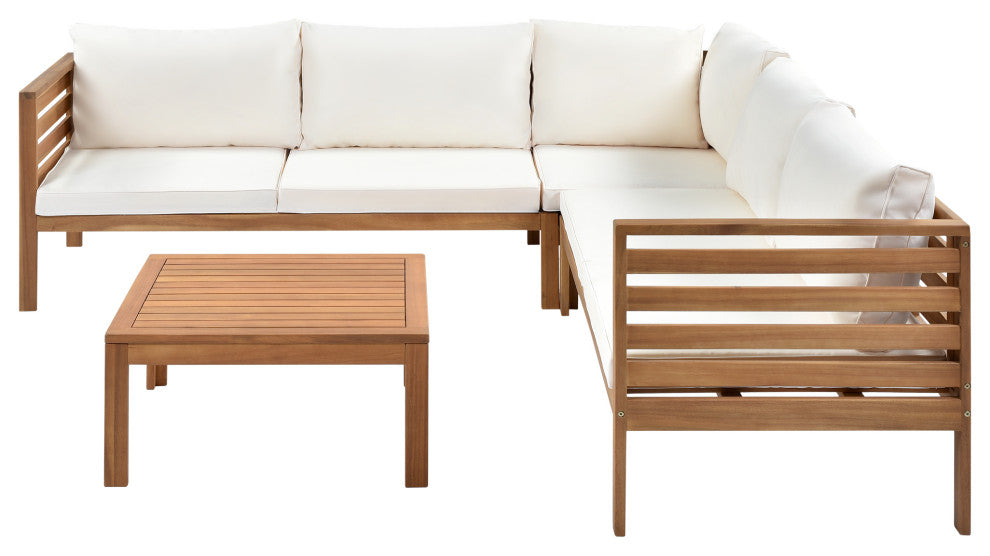 Wood Structure Outdoor Sofa Set with gray Cushions, Beige