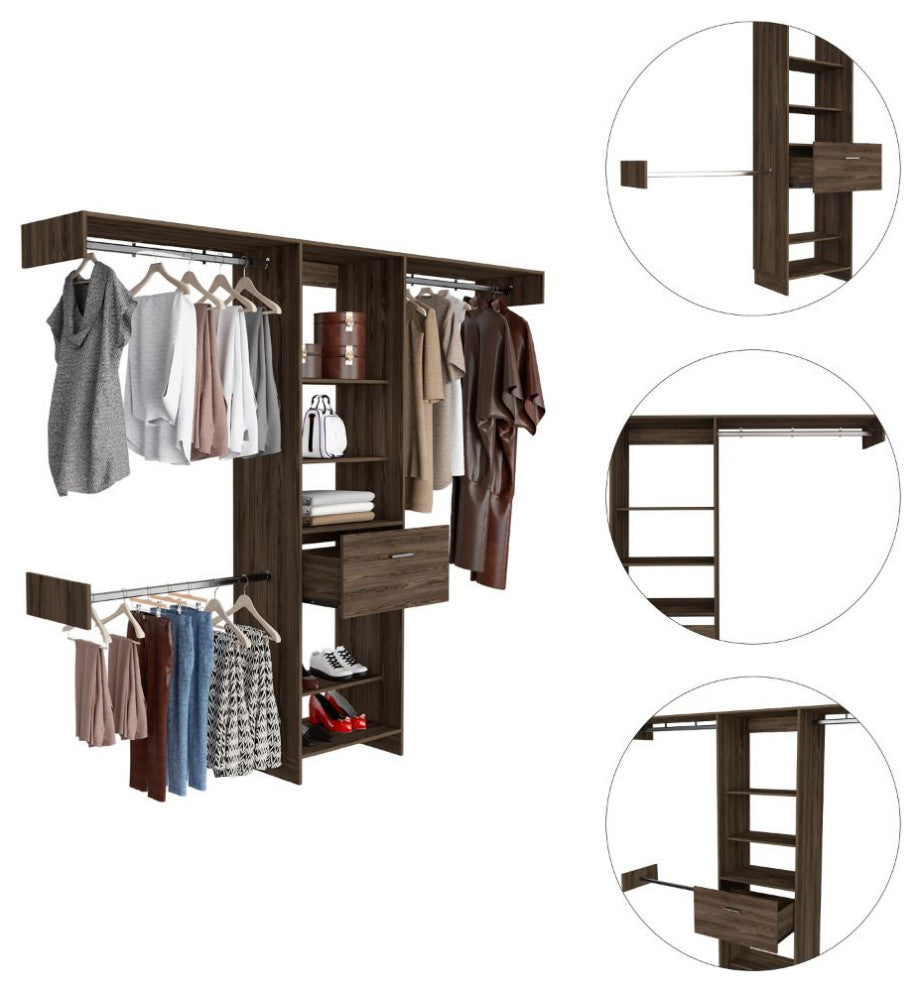 DEPOT E-SHOP Brisk 250 Closet System, 5 Shelves, 1 Drawer, Dark Walnut