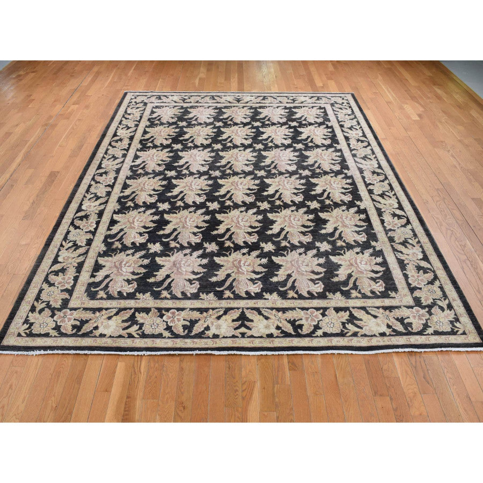 Black Dense Weave Fine Peshawar Hand Knotted Wool Oriental Rug 9'1" x 12'4"
