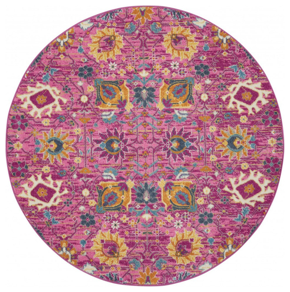5' Fuchsia Round Floral Power Loom Area Rug