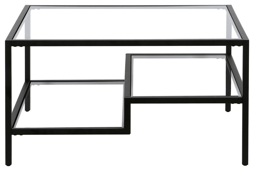 32" Black Glass And Steel Square Coffee Table With Two Shelves