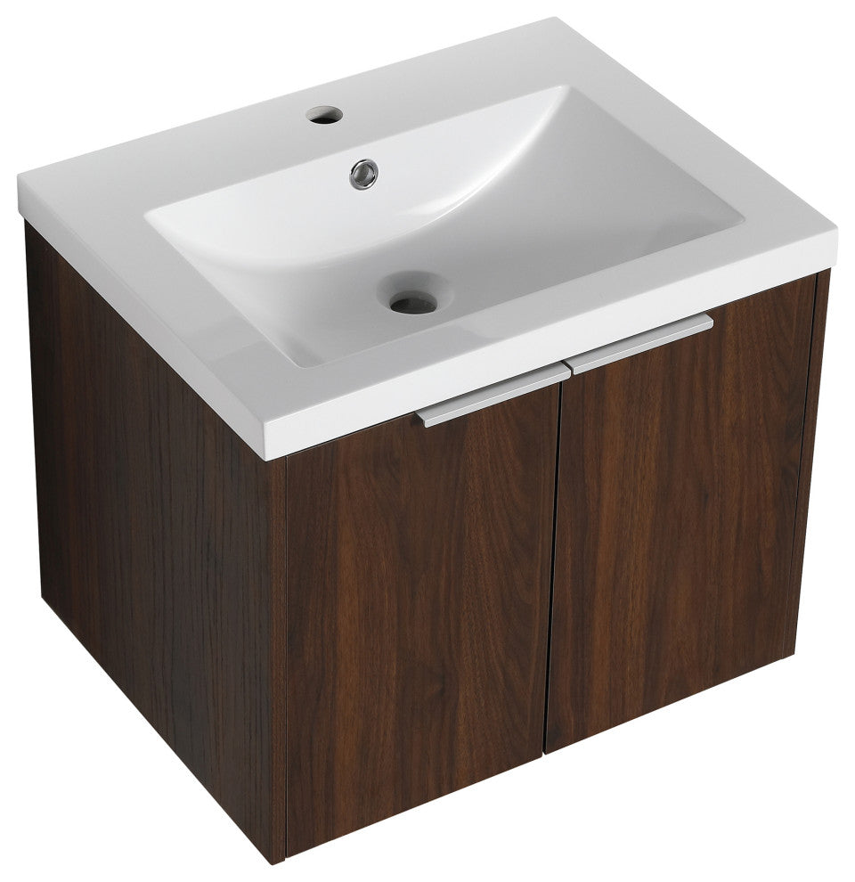 Wood Wall-Mounted Bathroom Vanity Set with Integrated Culture Marble Sink, 24 In