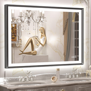 LED Vanity Mirror With Lights Metal Framed Front & Backlit, Dimmable, Black, 40x32