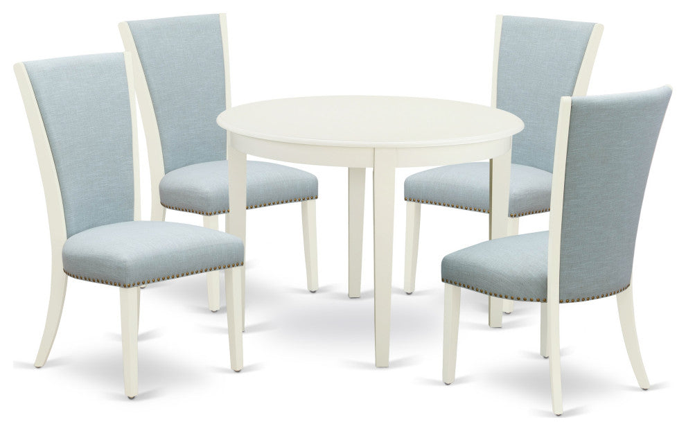 A Dining Set Of 4 Chairs, Baby Blue Color, Round Table, Linen White Color