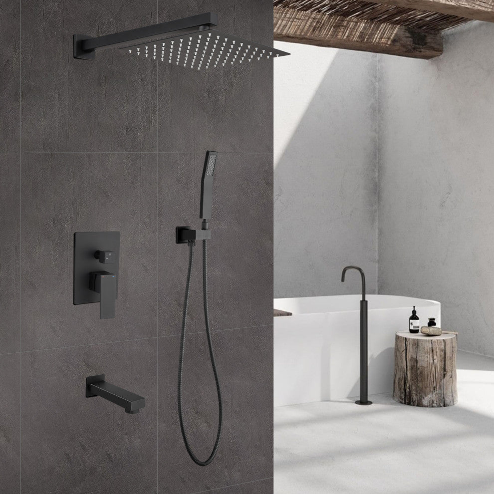10" Wall Mounted Rainfall Shower System With Tub Spout, Matte Black