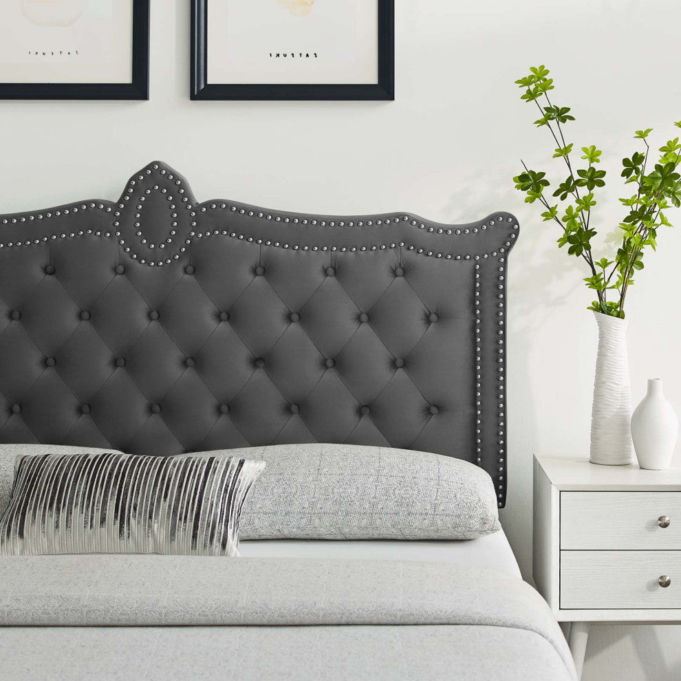 Tufted Headboard, Nailhead, Twin Size, Charcoal Gray, Velvet, Modern