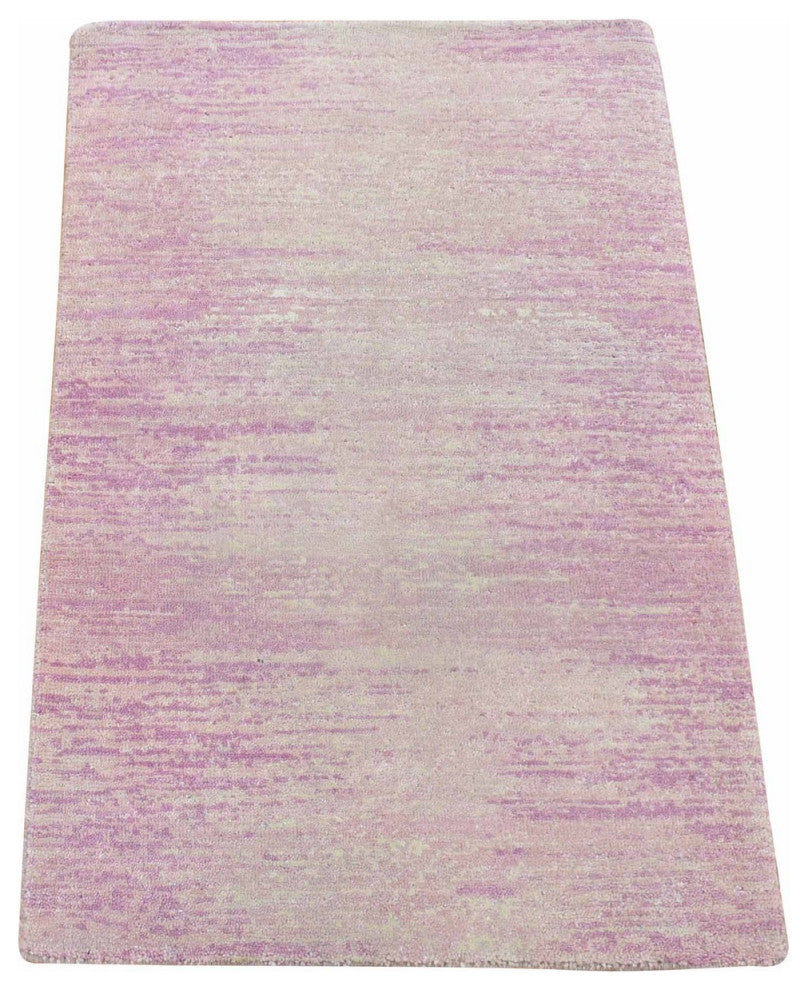 Pink With Ivory Pure Wool Horizontal Ombre Design Hand Knotted Rug, 2'2"x3'3"