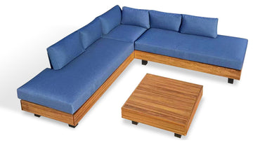 Alden 4-Piece Teak Aluminum Outdoor Patio Sectional Sofa Set with Cushions, Spectrum Indigo Acrylic