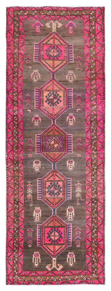 Mocha Brown With Pink Old Persian Heriz Hand Knotted Pure Wool Rug, 3'7"x10'1"