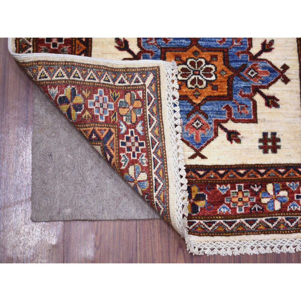 Ivory Afghan Super Kazak Hand Knotted Pure Wool Runner Rug, 2'8" x 9'4"