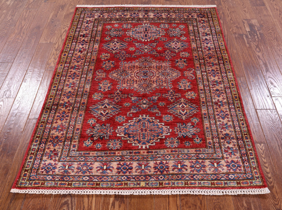 Geometric Super Kazak Hand-Knotted Wool Rug 4' 2" X 5' 6" Q10263