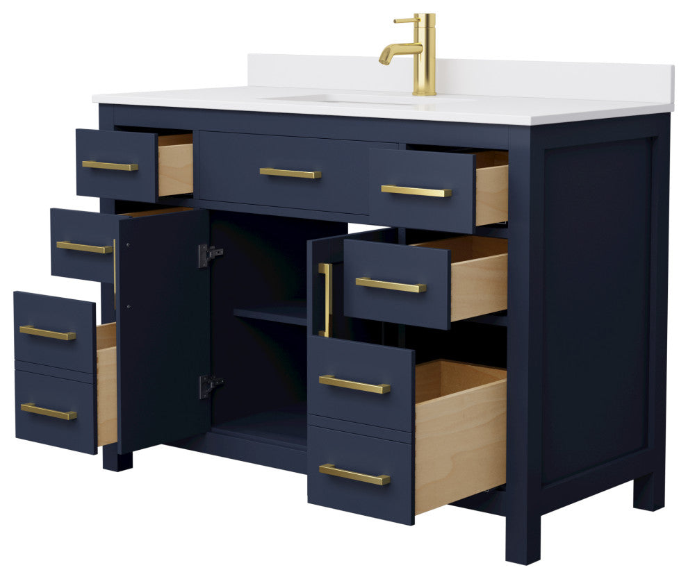 48" Single Bath Vanity Dark Blue, White Cult. Marble Countertop, Sink, Gold Trim