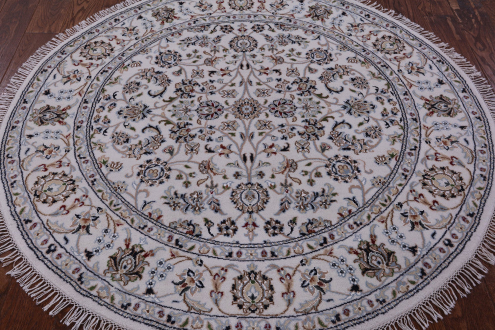 5' Round Persian Nain Hand Knotted Wool & Silk Rug - Q14715