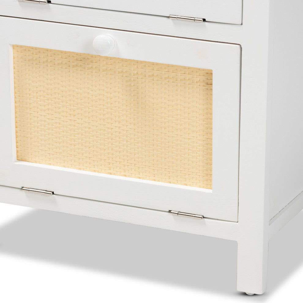 Lucero Mid-Century White Finished Wood and Rattan 2-Door Nightstand