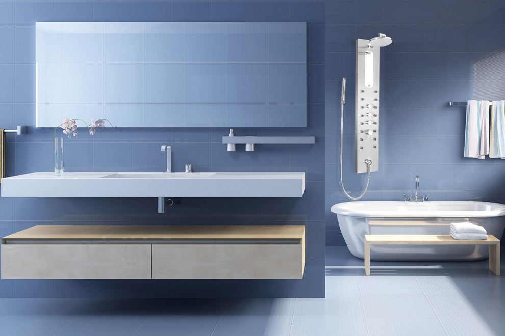 Reno Stainless Steel Shower Panel, Massage Jets, Handheld Shower