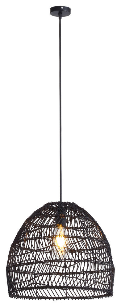 1-Light Hand Weave Cane Rib Bell Shape Pendant Lighting Chandelier, Black