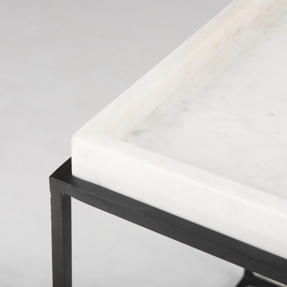 Nathan II 18"x20" Square Top White Marble and Black Metal End/Side Table
