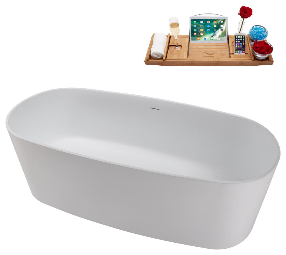 67" Streamline NS5800CH Matte White Stone Resin Bathtub, Tray With Chrome Drain