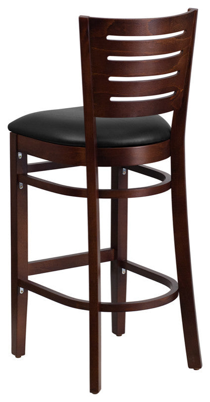 Darby Series Slat Back Walnut Wood Restaurant Barstool, Black Vinyl Seat