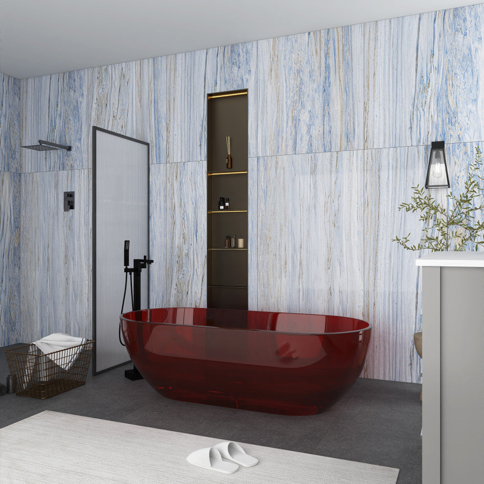 69" Solid Surface Freestanding Flatbottom Soaking Bathtub, Red