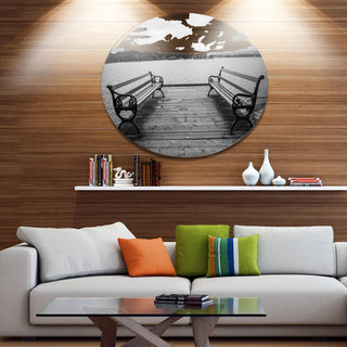 Benches On Bridge By Water Side, Bridge Disc Metal Artwork, 36"