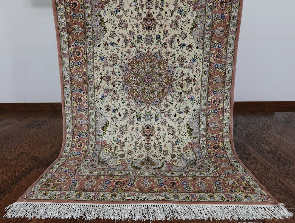Signed Authentic Persian Isfahan Wool and Silk Area Rug, 4'x7'