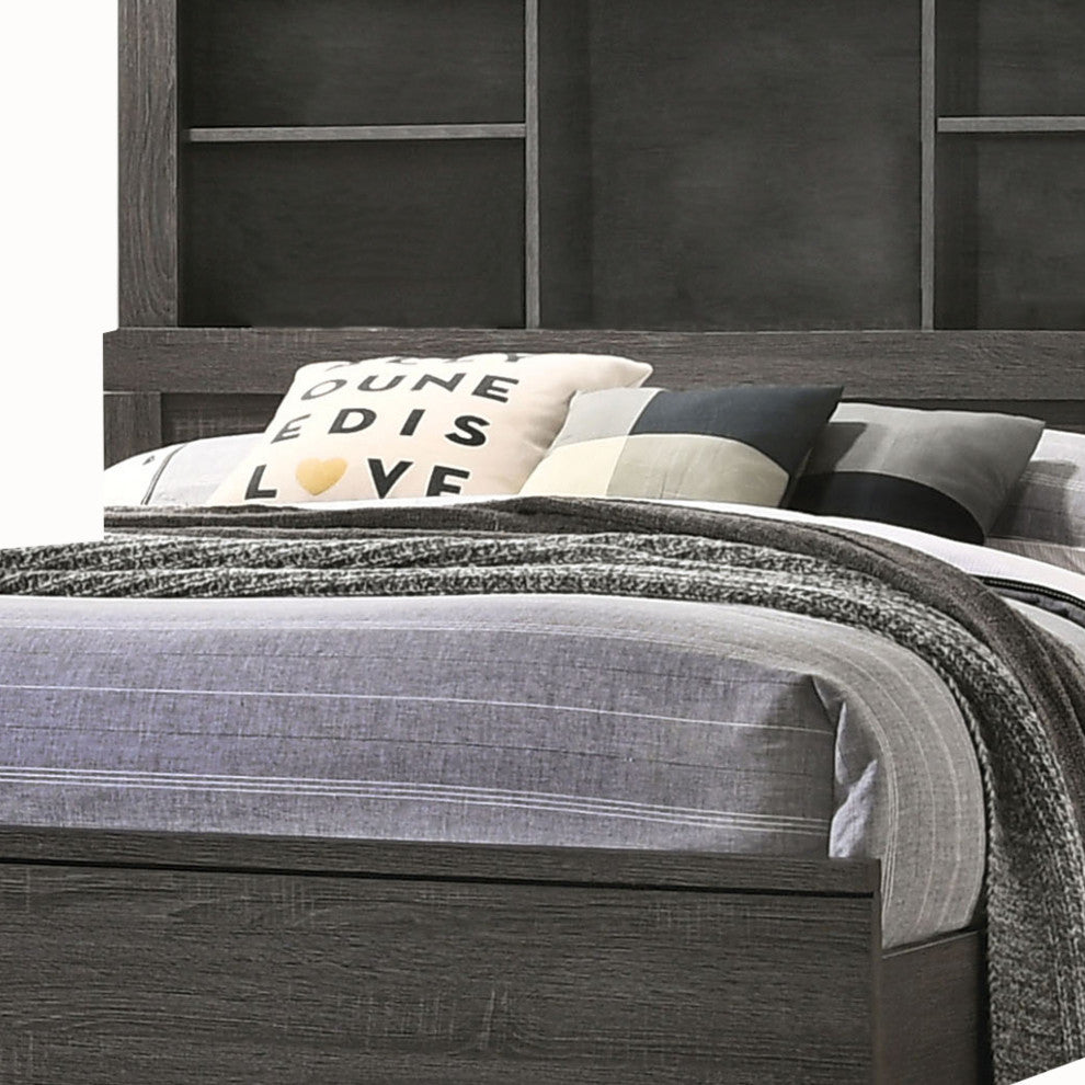Benzara BM214926 Wooden Queen Size Low Profile Size Bed Bookcase Headboard, Gray