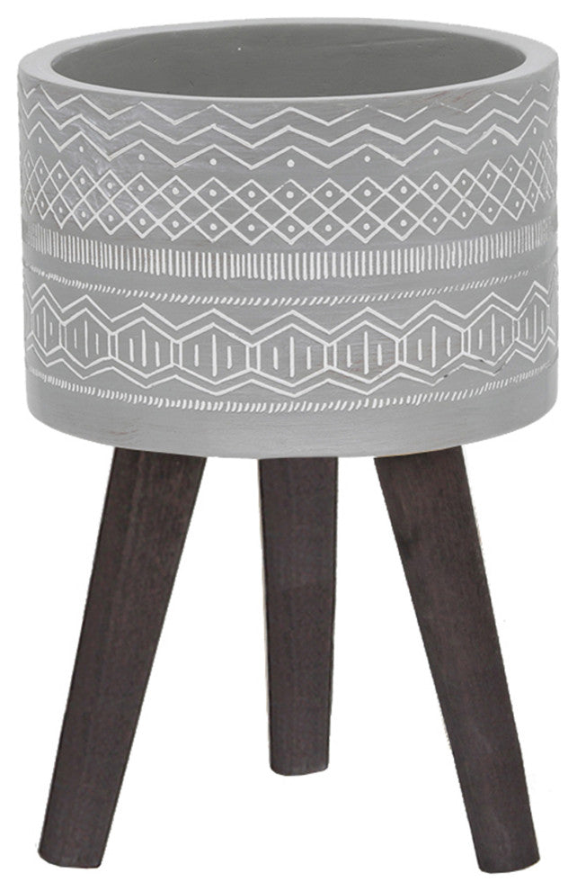 10" Tribal Fiberglass Planter, Grey