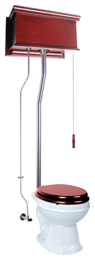 Cherry Wood Flat Panel High Tank Toilet White Round Satin Rear Entry