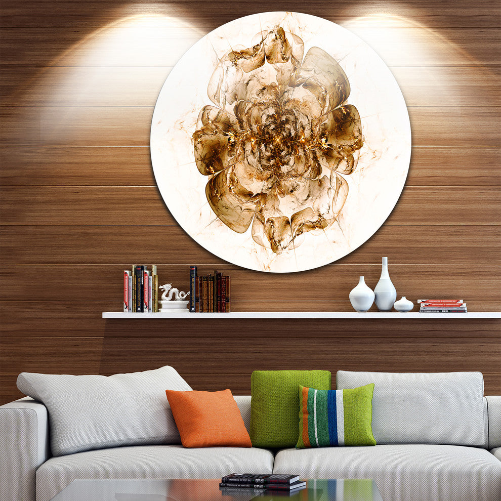 Brown Fractal Flower In White, Floral Digital Round Metal Wall Art, 23"