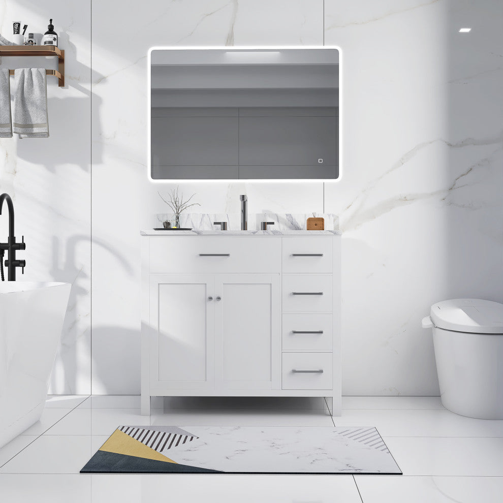 36" W x 22" D x 33" H Bath Vanity, White With Carrara White Marble